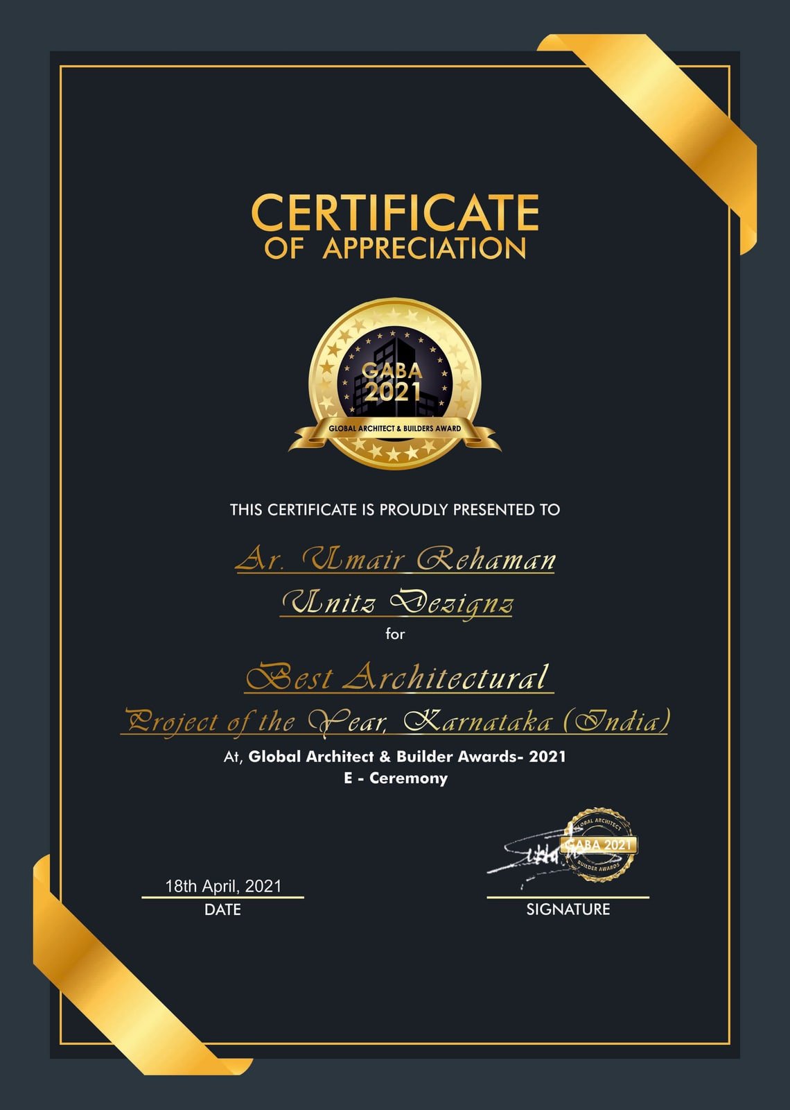 Best Architectural Project of the Year Karnataka India - GABA 2021 Certificate of Appreciation