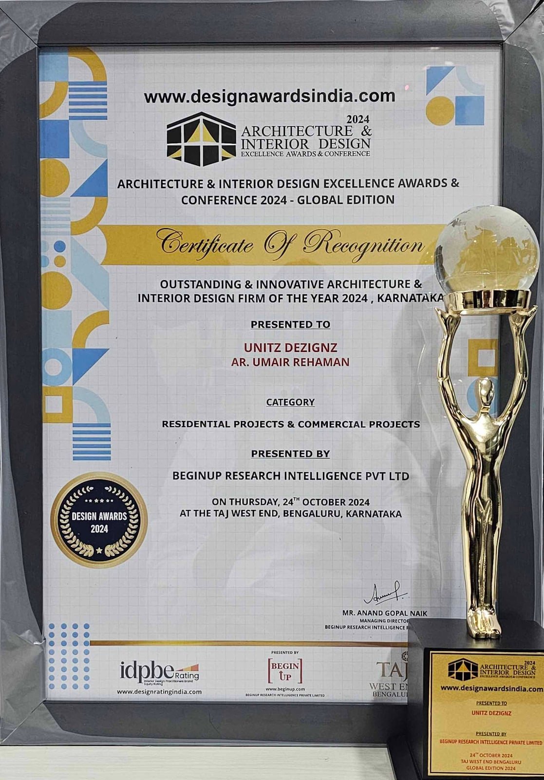 Certificate of Recognition: Outstanding and Innovative Architecture and Interior Design Firm of the Year 2024 - Unitz Dezignz